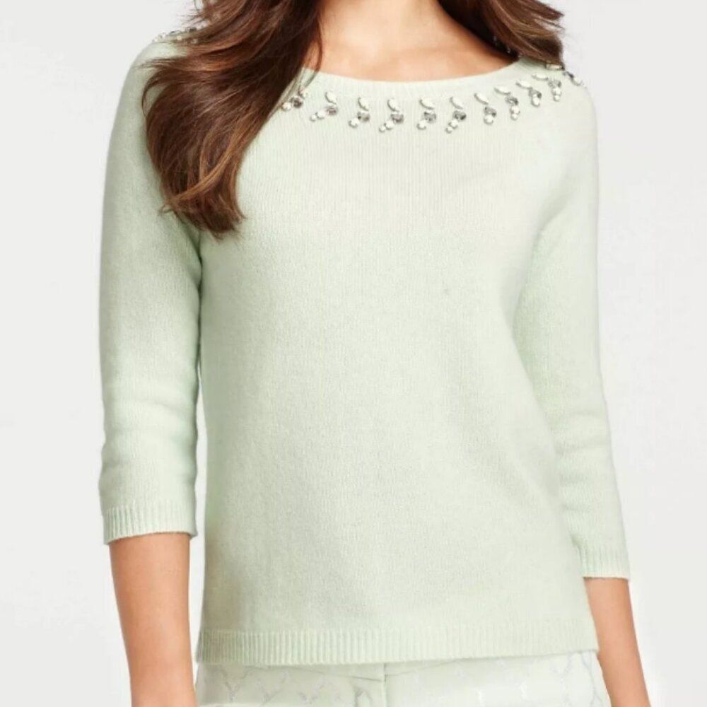 Ann Taylor Mint Green Merino Wool Gem Pearl Embellished Sweater Size Large
